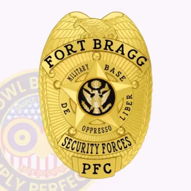 Fort Bragg Security Forces Front. Front view of a Fort Bragg Security Forces gold badge.