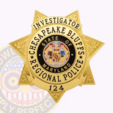 Gold Investigator 7 Point Star Badge Front. Front view of a 7 point star badge in gold for a Chesapeake Bluffs investigator.