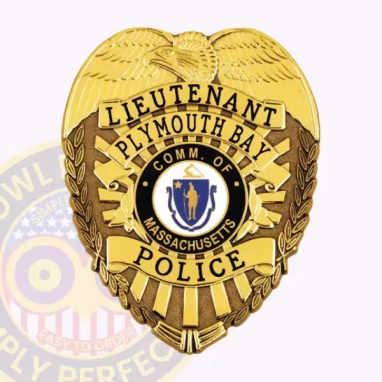 Gold Lieutenant Eagle Top Badge Front. Front view of an eagle top badge in gold for a Plymouth Bay lieutenant.