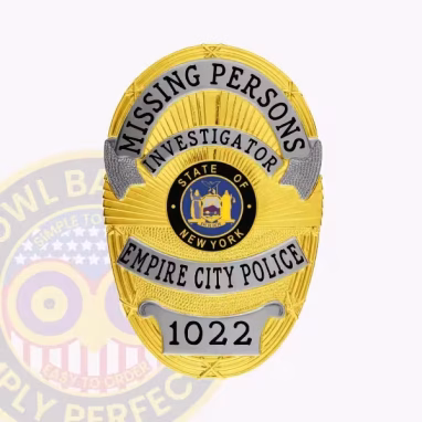 Missing Persons Investigator Oval Badge Front. Front view of a missing persons investigator oval badge in gold and silver.