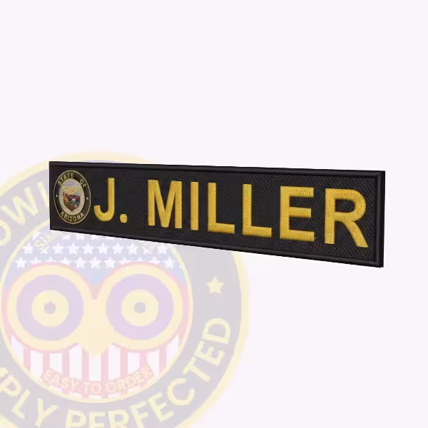 NT700-1L Name Tape Embroidered Side. Side view of embroidered name tape for J. Miller with Arizona state seal.