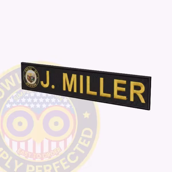 NT700-1L Name Tape Woven Side. Side view of a woven name tape with Arizona state seal for J. Miller.