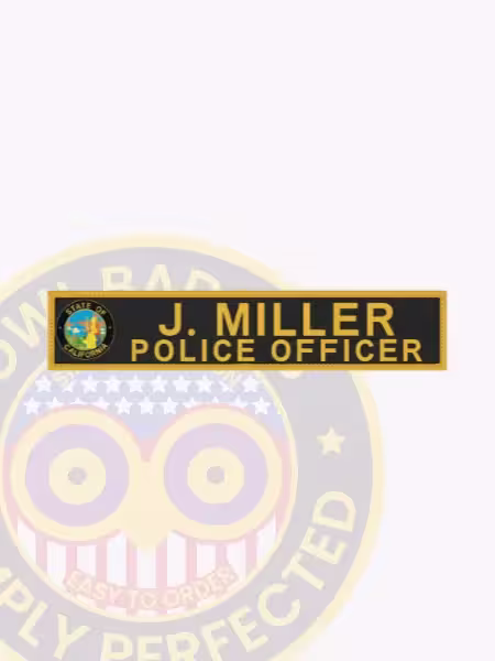 NT700-2L Name Tape Woven Front. Front view of woven name tape for officer J. Miller with California state seal.