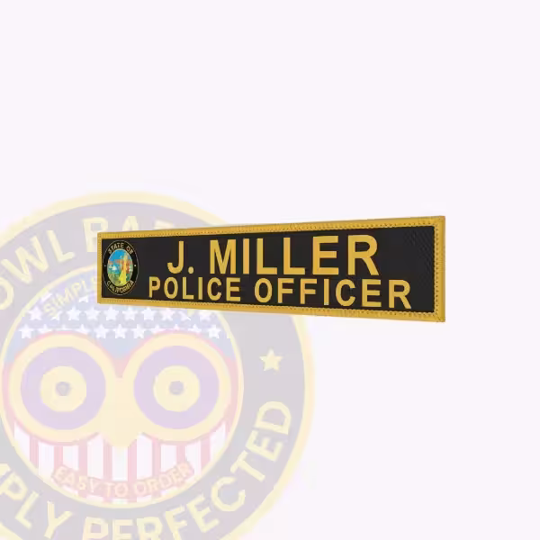 NT700-2L Name Tape Woven Side. Side view of woven name tape for officer J. Miller with California state seal.