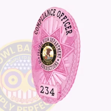 Pink Oval Badge for Corrections Side. Side view of a pink oval badge for corrections.