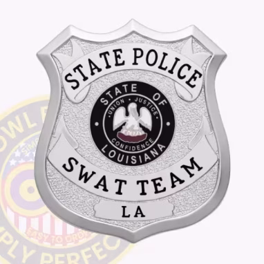 State Police SWAT Team Shield Badge Front. Front view of shield badge in silver for State Police SWAT team.