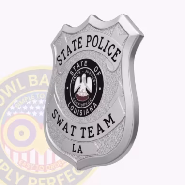 State Police SWAT Team Shield Badge Side. Side view of silver shield badge for State Police SWAT team.