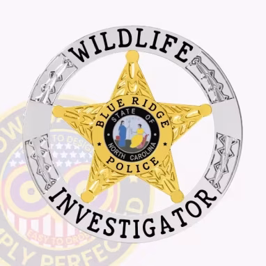 Wildlife Investigator 5 Point Star Badge Front. Front view of a 5 point star wildlife investigator badge in silver and gold.