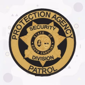 Round gold and black security patrol patch with a star badge