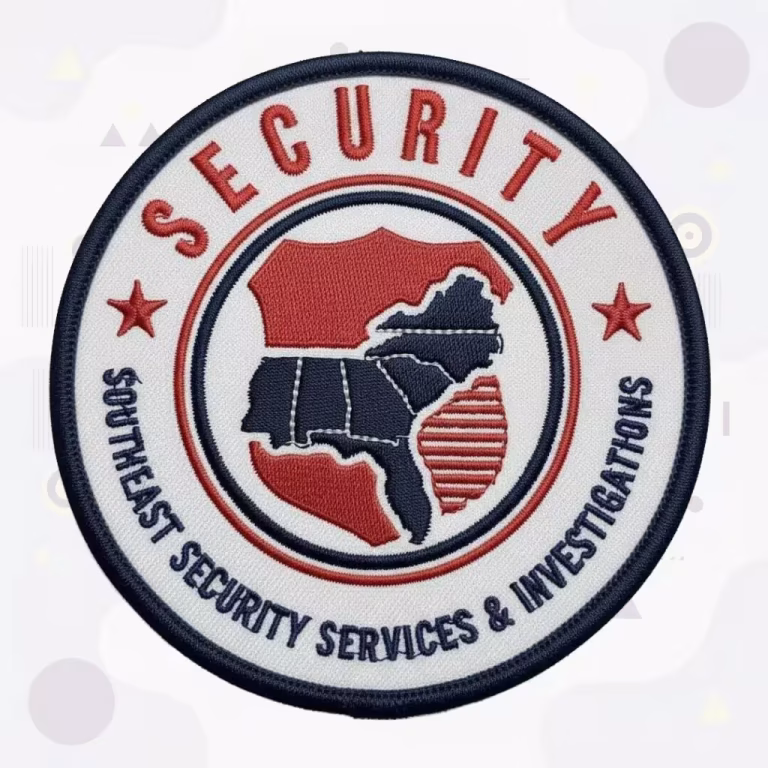 Round security services patch with a regional map