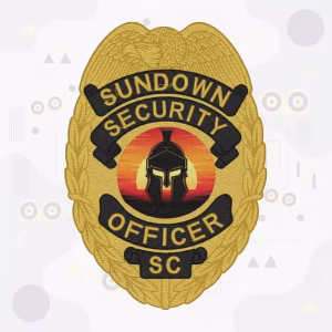 Gold eagle-top security officer badge patch with a Spartan helmet