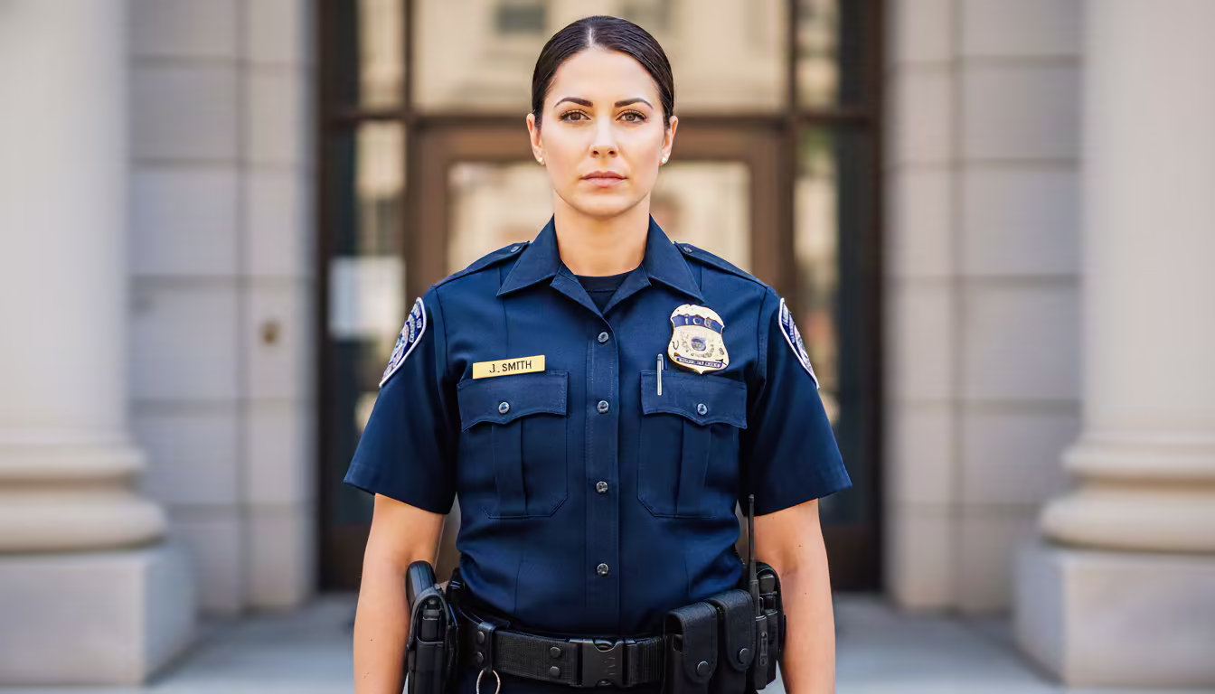 Uniformed officer standing outside building. Understanding ice us immigration & custom enforcement badges and patches