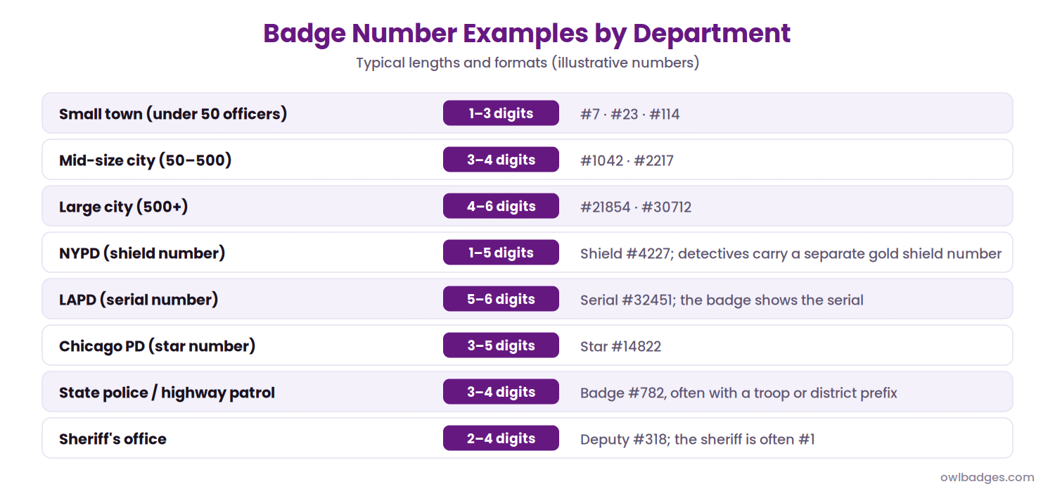 What Do Badge Numbers Mean 3 Police badge number examples by department size and agency: small town, mid-size city, large city, nypd shield, lapd serial, chicago star, state police, sheriff