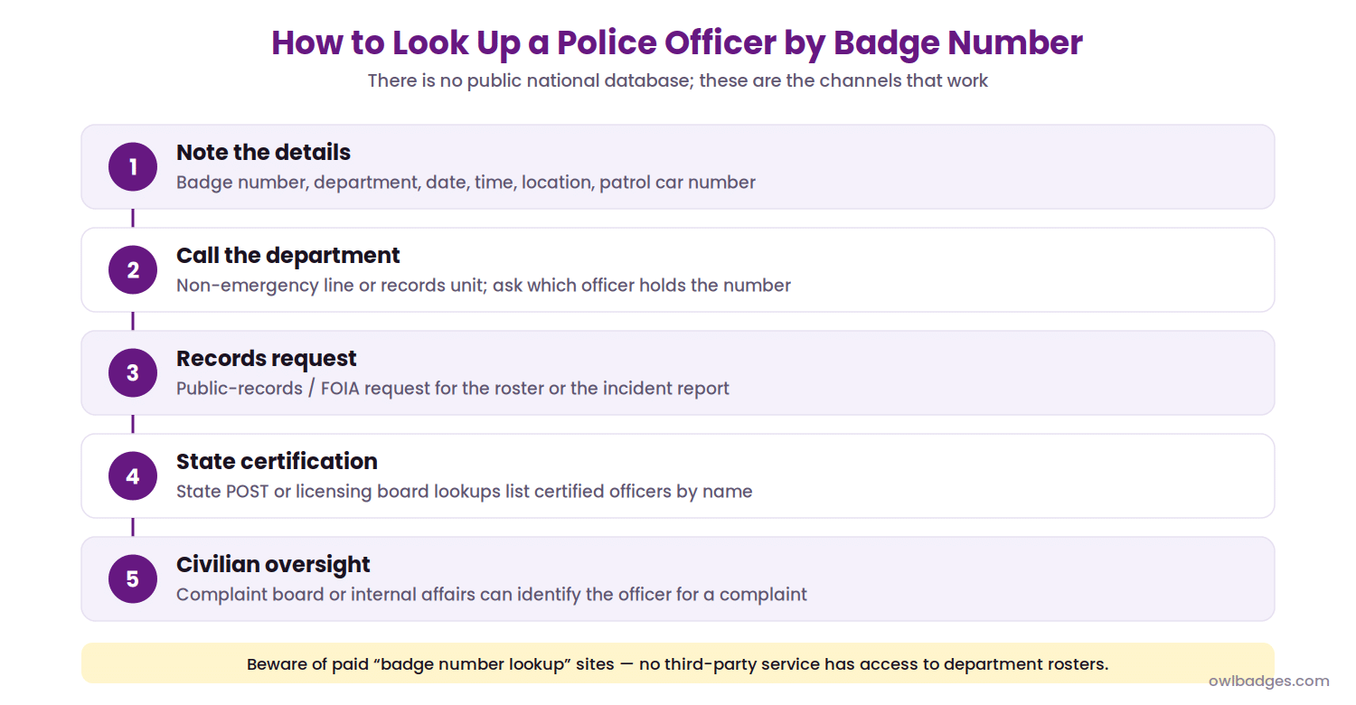 What Do Badge Numbers Mean 4 Five steps to look up a police officer by badge number: note the details, call the department, file a records request, check state certification, contact civilian oversight