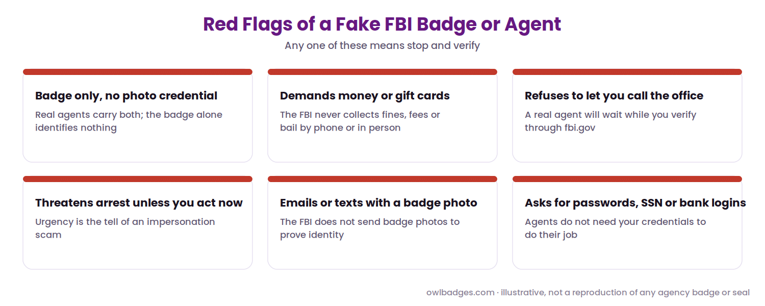 Fbi Badge 5 Red flags of a fake fbi badge or agent: badge without credential, demands for money, refusal to let you call the office, threats and urgency, badge photos sent by text, requests for passwords
