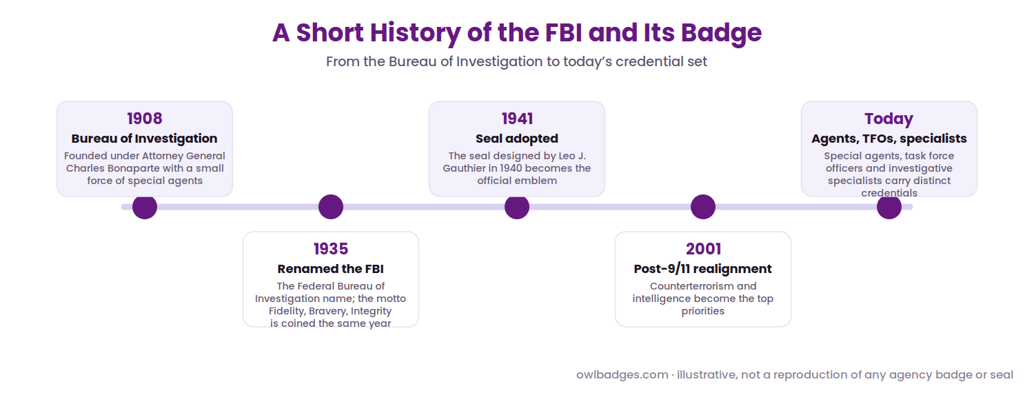 Fbi Badge 3 Timeline of the fbi from the 1908 bureau of investigation through the 1935 renaming and motto, the 1941 seal, the post-2001 realignment, and today's credential set