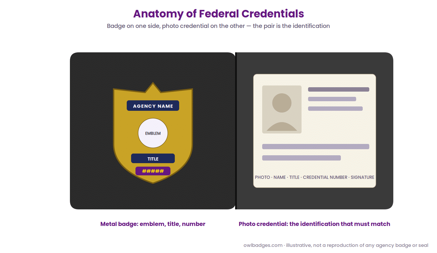 Fbi Badge 2 Anatomy of federal credentials: a generic metal badge on one side of a credential case and a photo credential on the other; illustrative, not a reproduction of any agency badge