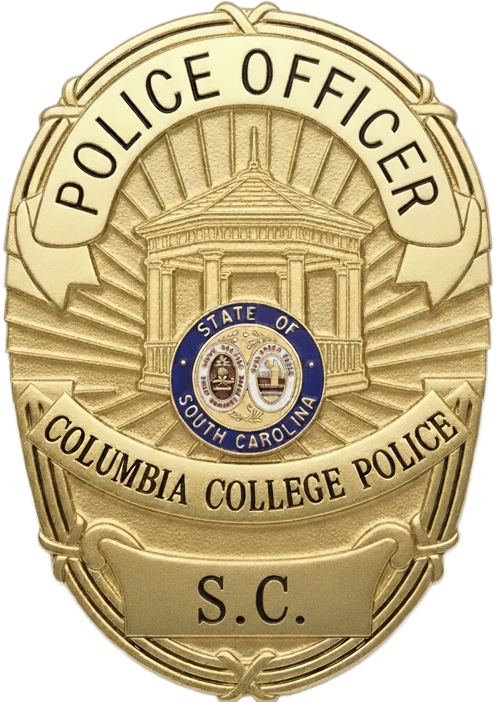 Gold Columbia College Police Officer badge with classical building, South Carolina state seal, and sunburst design