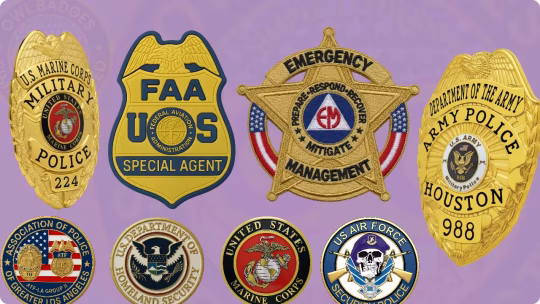 Collection of law enforcement badges, embroidered patches, and challenge coins including military police badges, FAA special agent badge, emergency management patch, and military challenge coins