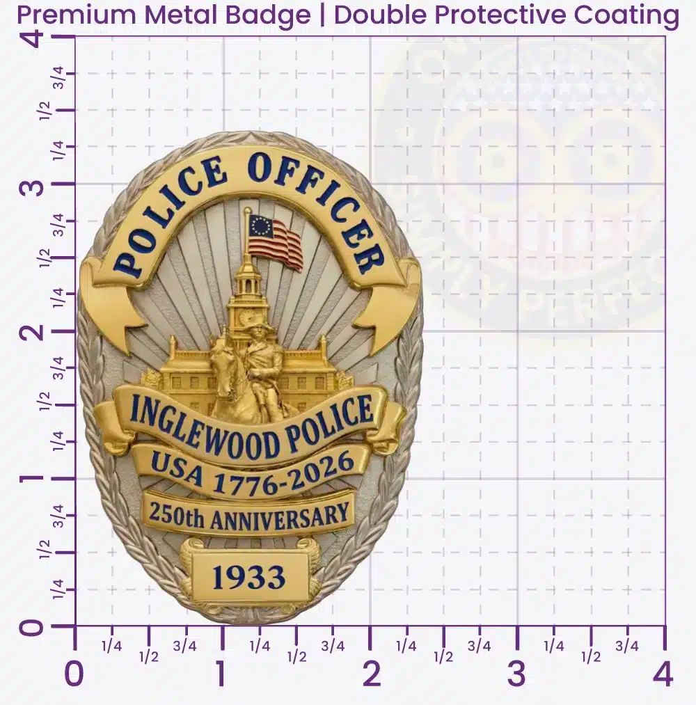 Inglewood Police 250th Anniversary Badge With Ranks on size grid