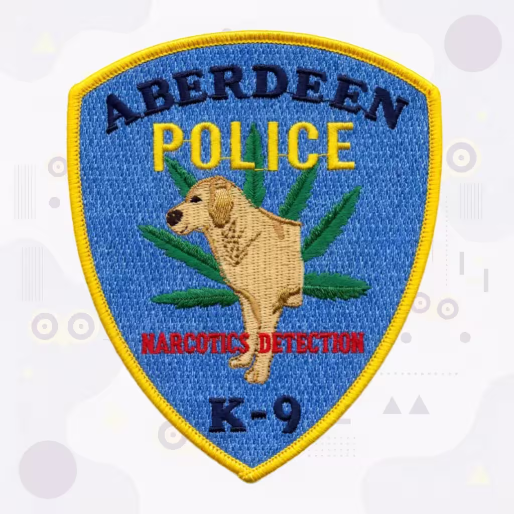 Aberdeen Police Embroidered Patch with K-9 Narcotics Detection Dog and Cannabis Leaf Design