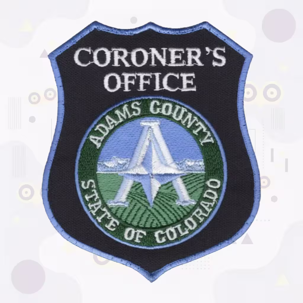 Black Shield Coroner Embroidered Patch with County Seal and Agricultural Landscape