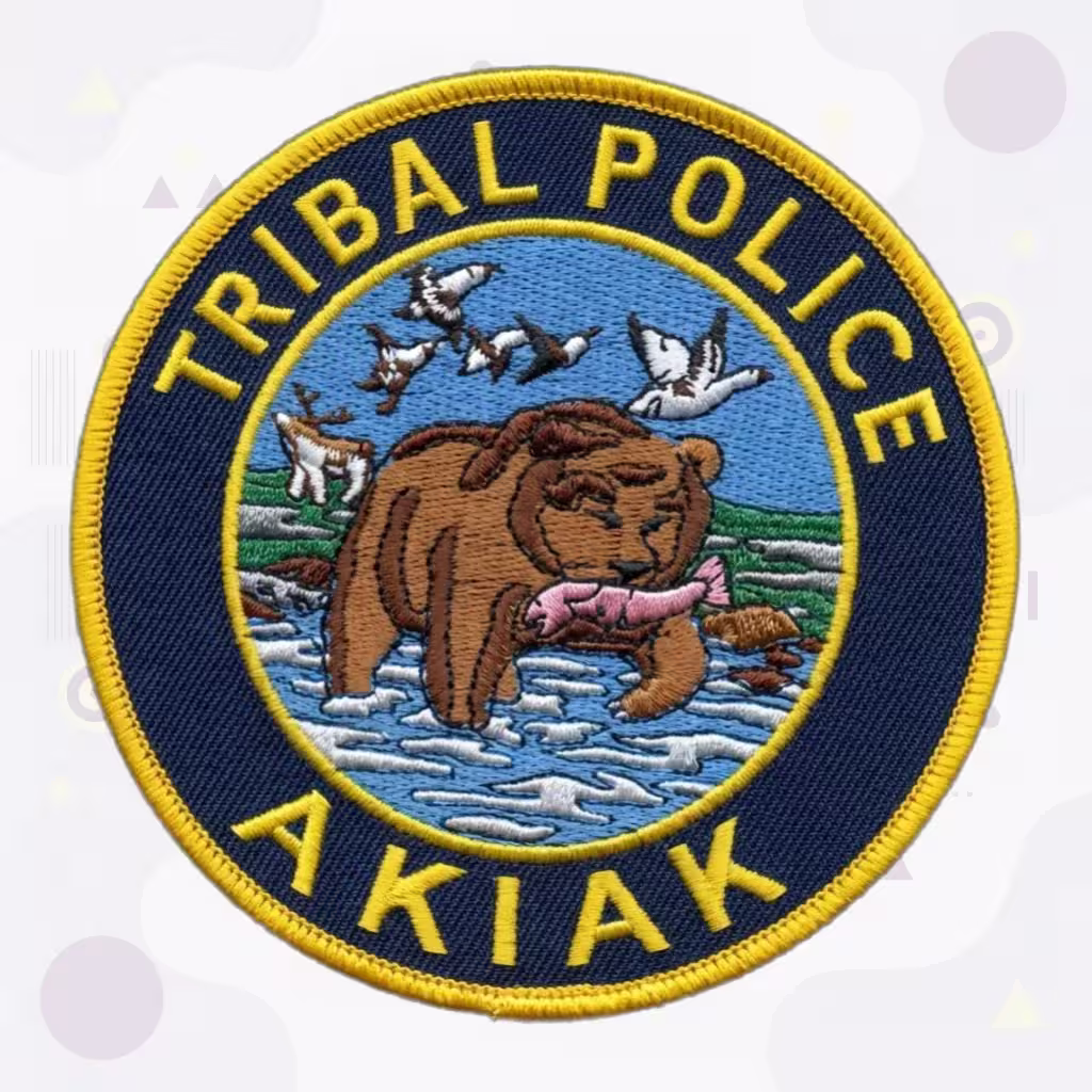 Navy Round Tribal Police Embroidered Patch with Alaska Bear and Salmon