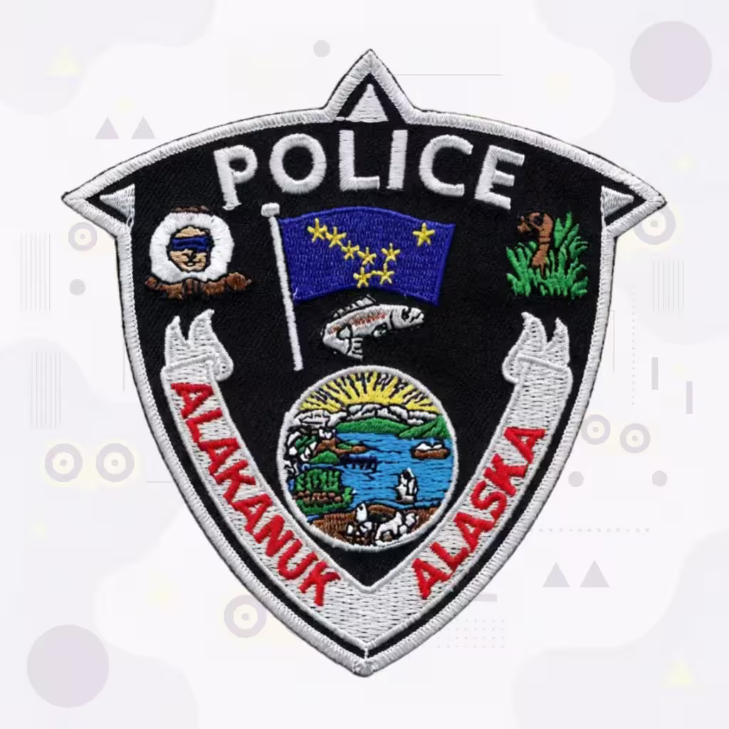 Black Shield Police Embroidered Patch with Alaska Flag and Arctic Wildlife