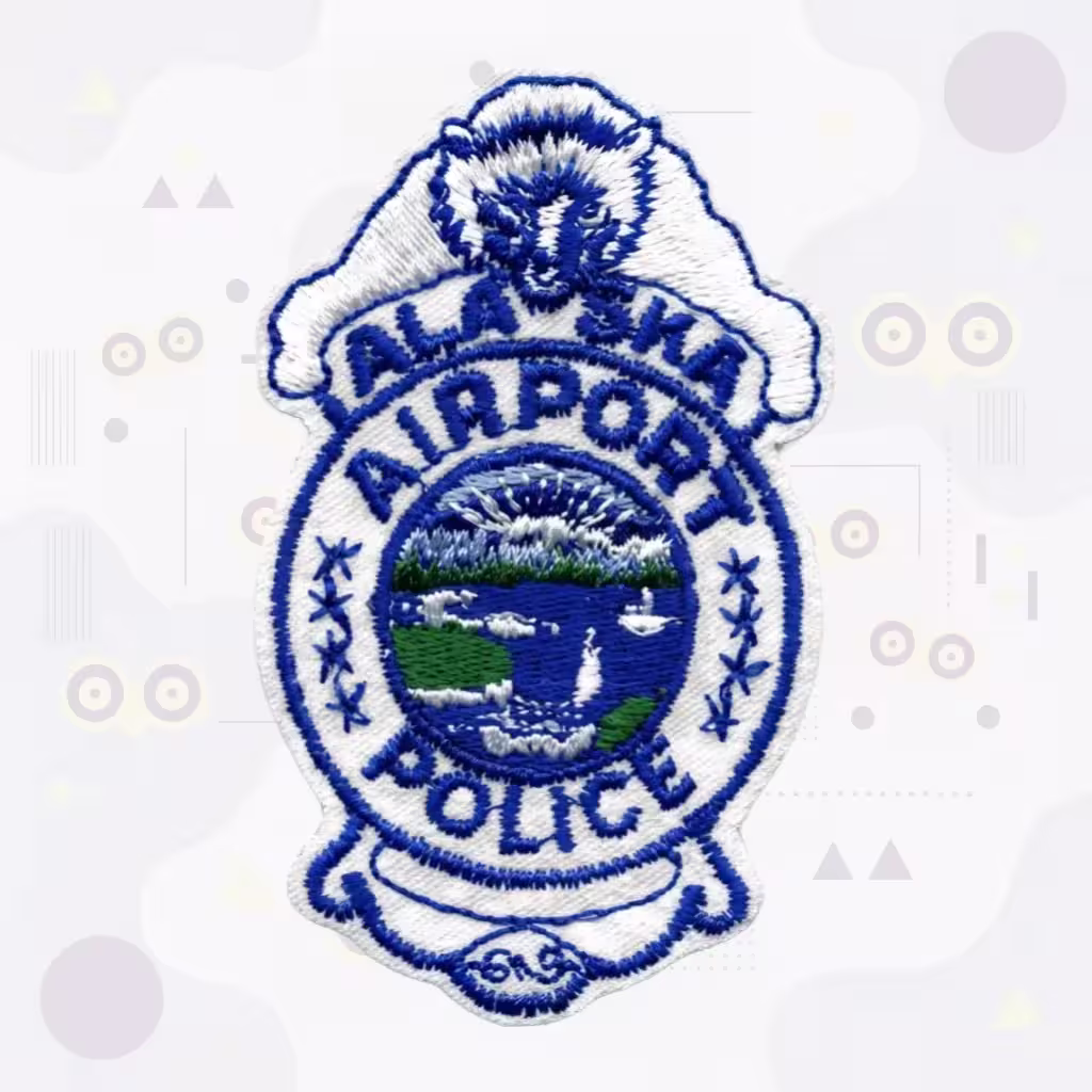 White Badge-Shaped Airport Police Embroidered Patch with Bear and Alaska Landscape