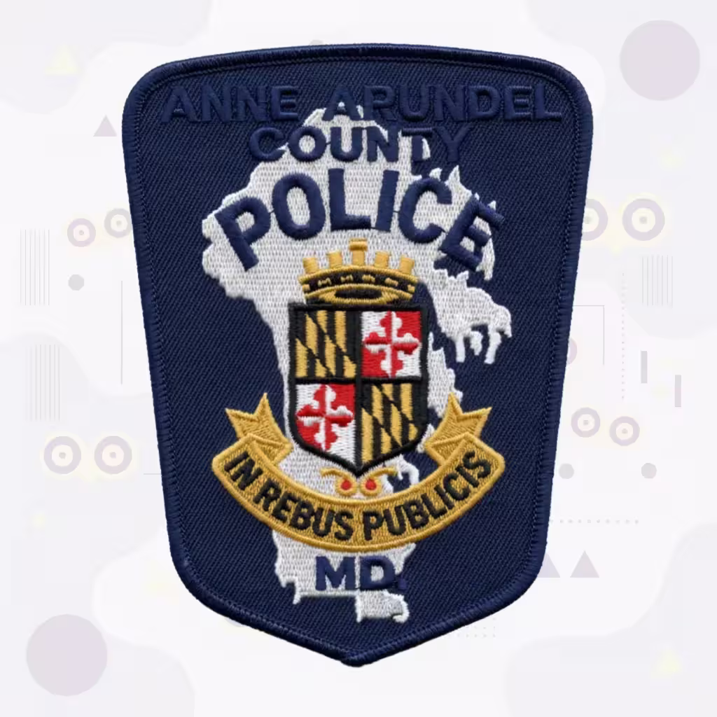 Anne Arundel County Police Embroidered Patch with Maryland State Outline Heraldic Shield and In Rebus Publicis Motto