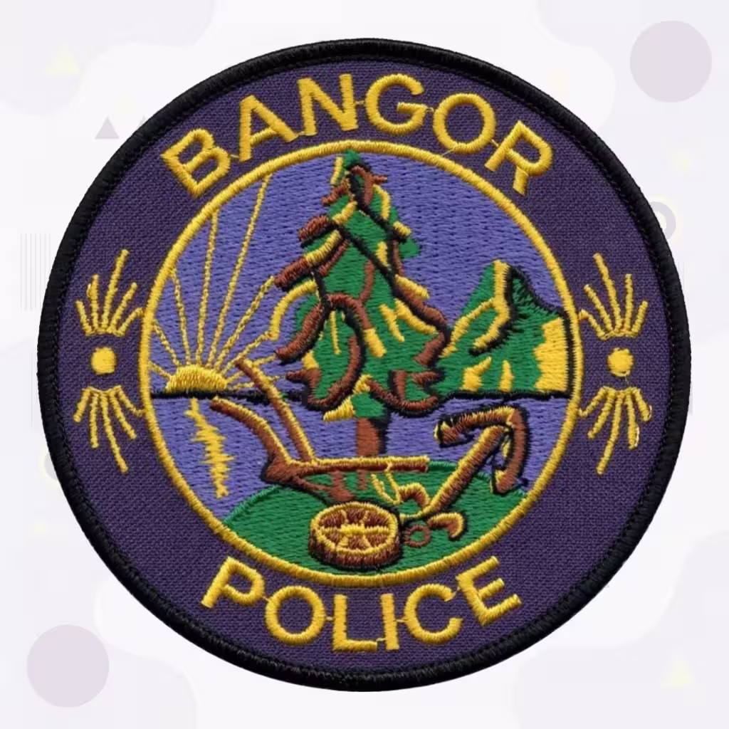 Round Bangor Police Embroidered Patch with Pine Tree Anchor Sunrise and Maine City Seal