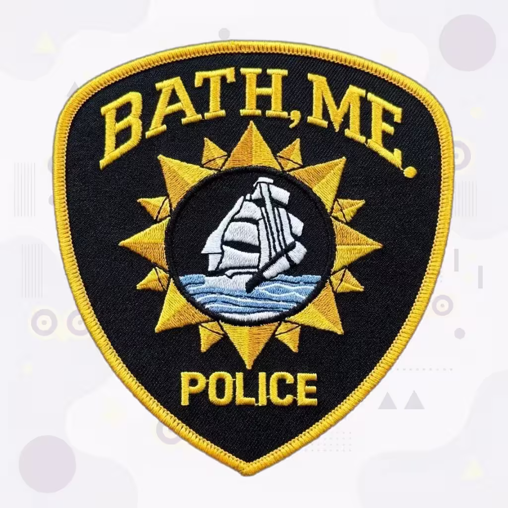 Police Embroidered Patch Featuring Bath Maine White Tall Ship Sunburst Circle and Gold Star Design