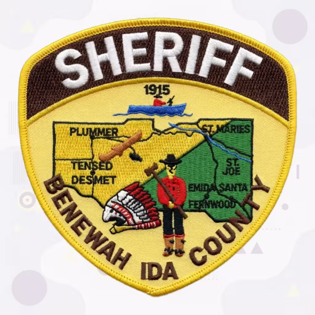 Yellow Shield Embroidered Patch for Benewah County Sheriff with Regional Map and Native Figure