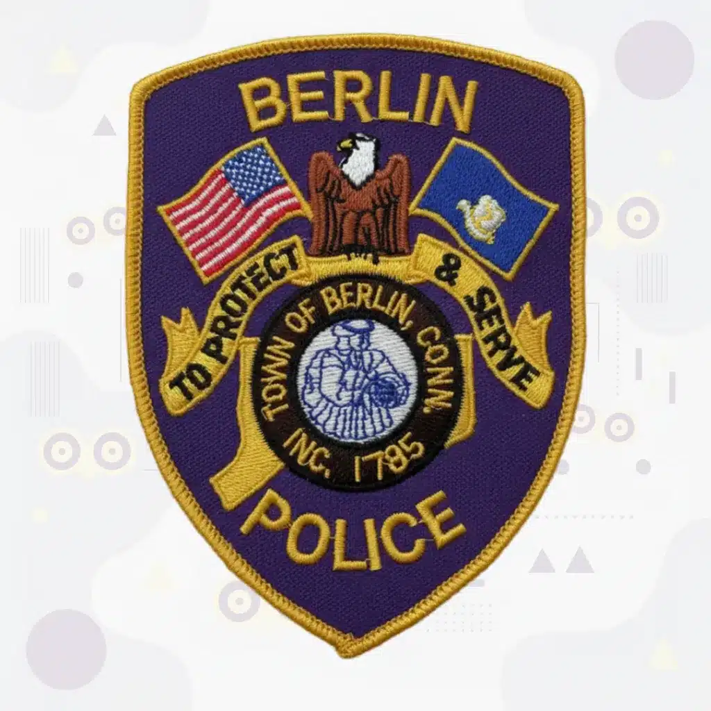 Purple Shield Police Embroidered Patch with Eagle Crossed Flags and Town Seal
