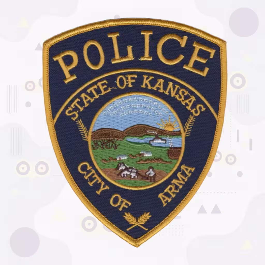 Shield Police Embroidered Patch with Kansas State Seal and Pioneer Wagon Scene