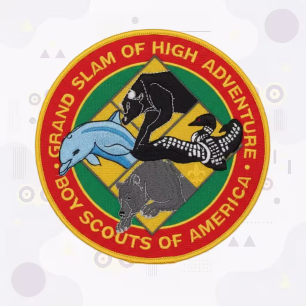 Red Round Boy Scout Embroidered Patch with High Adventure Wildlife Emblem