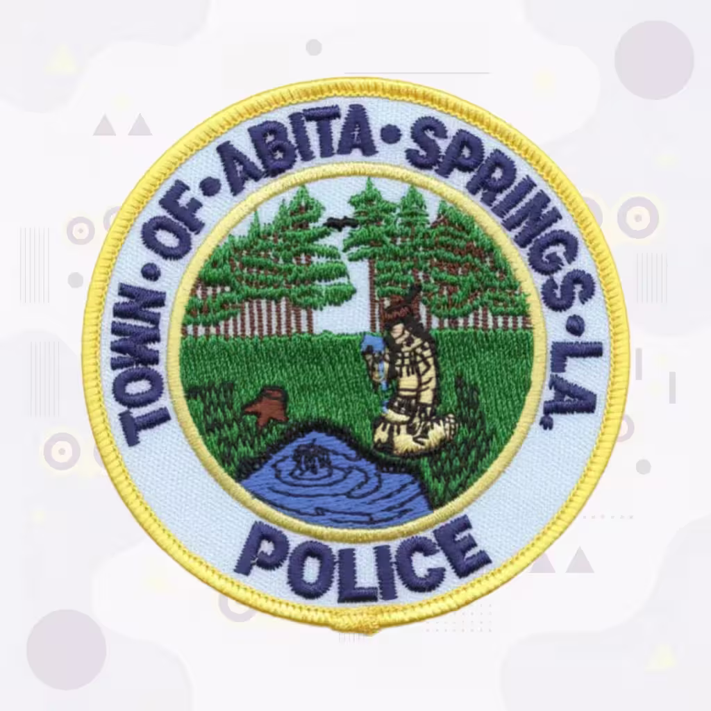 Abita Springs Embroidered Patch Round with Native Figure Pine Forest Stream and Louisiana Scene