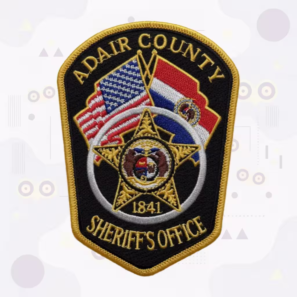 Sheriff Embroidered Patch Featuring Adair County Missouri 1841 Gold Star Crossed American and State Flags