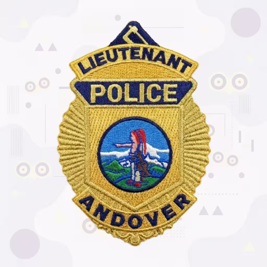 Police Embroidered Patch Featuring Andover Lieutenant Gold Badge Shape with Native American Seal and Sunburst