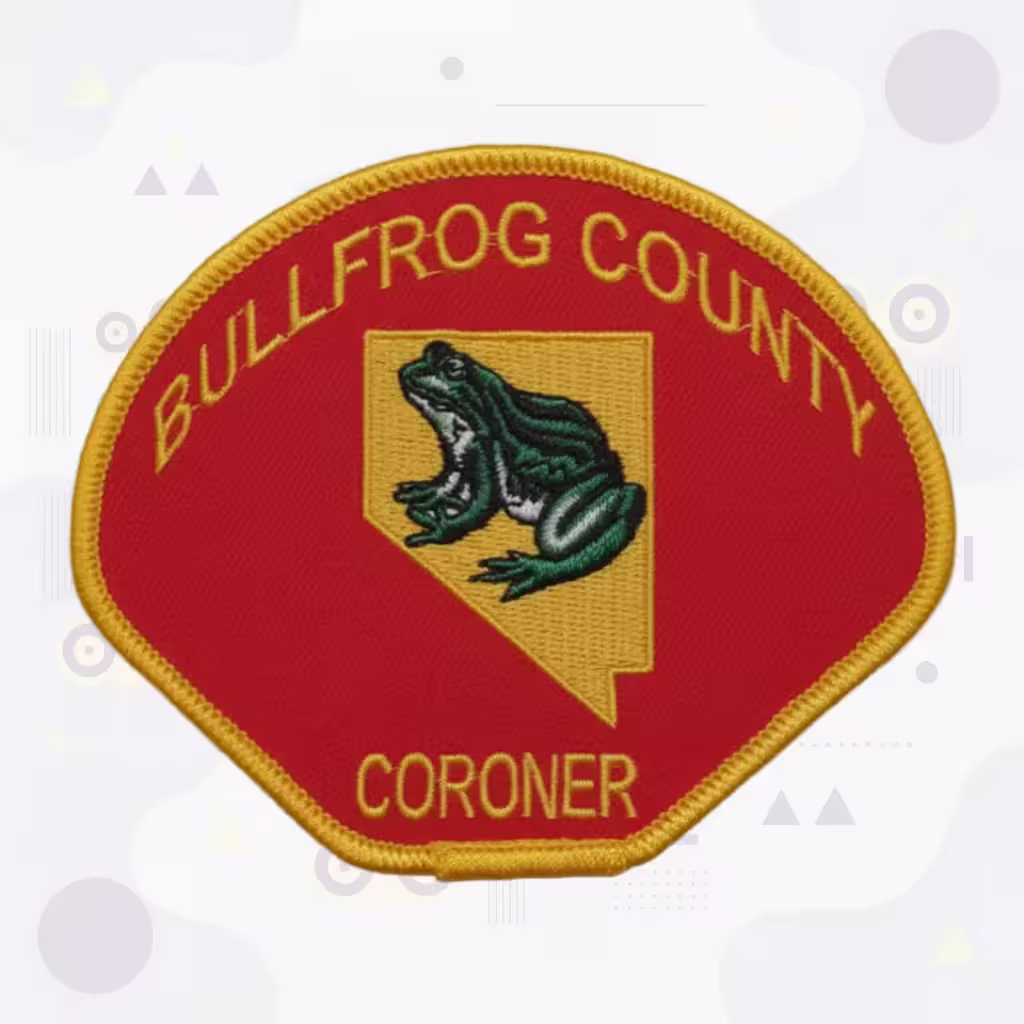 Coroner Embroidered Patch Featuring Bullfrog County Nevada State Outline with Green Bullfrog on Gold