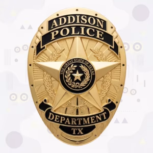 Addison Police Badge with Black Enamel Banners and Gold Oval Shield