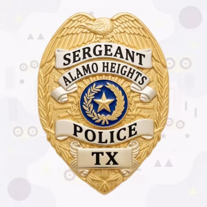 Alamo Heights Police Badge with White Enamel Banners and Gold Eagle-Top Shield