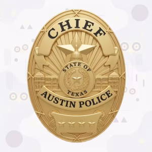 Austin Police Badge with Raised Domed Building and Tonal Gold Oval Shield