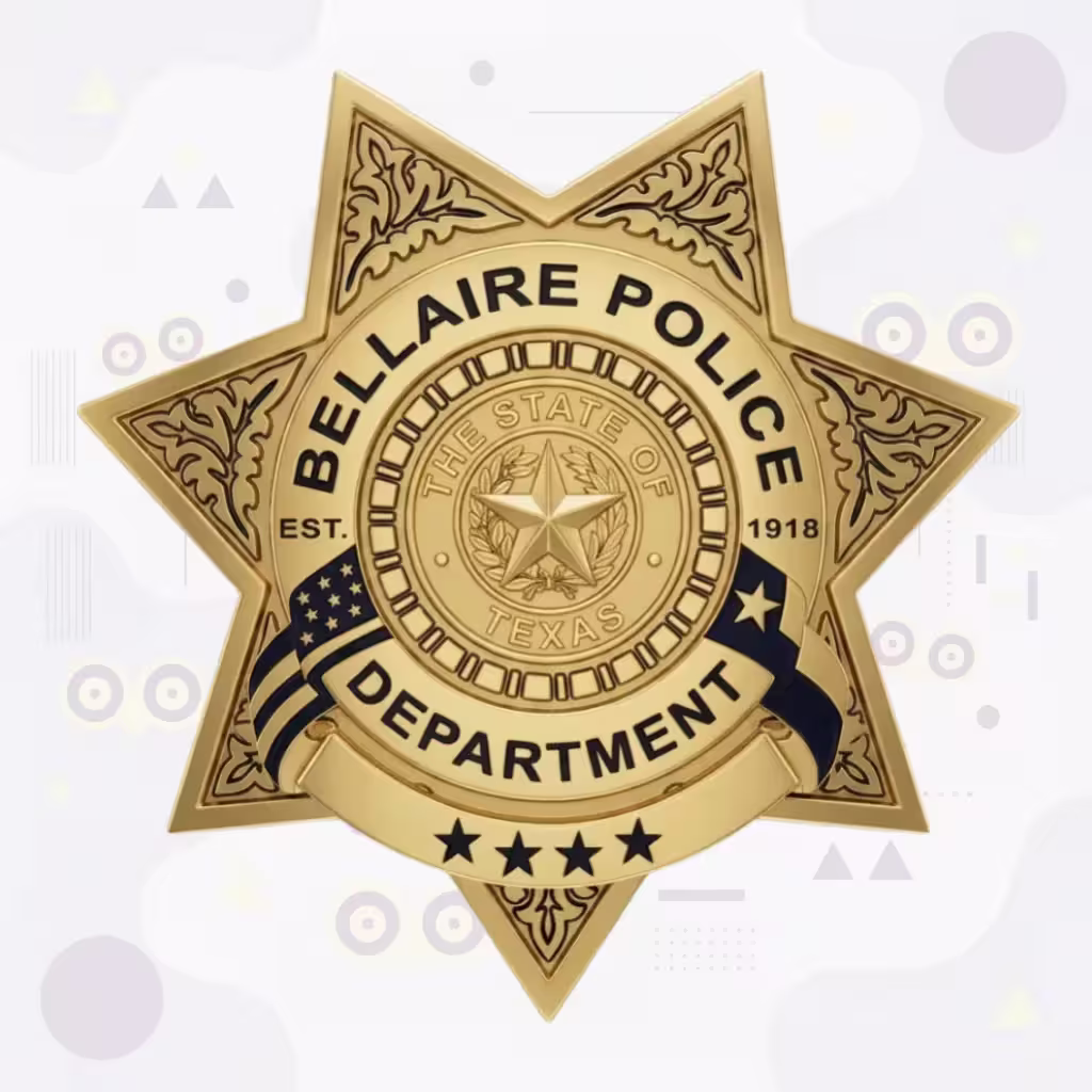 Bellaire Police Badge with Engraved Seven-Point Star and Tonal Texas Seal