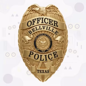 Bellville Police Badge with Eagle-Top Oval Shield and Black Enamel Texas Seal