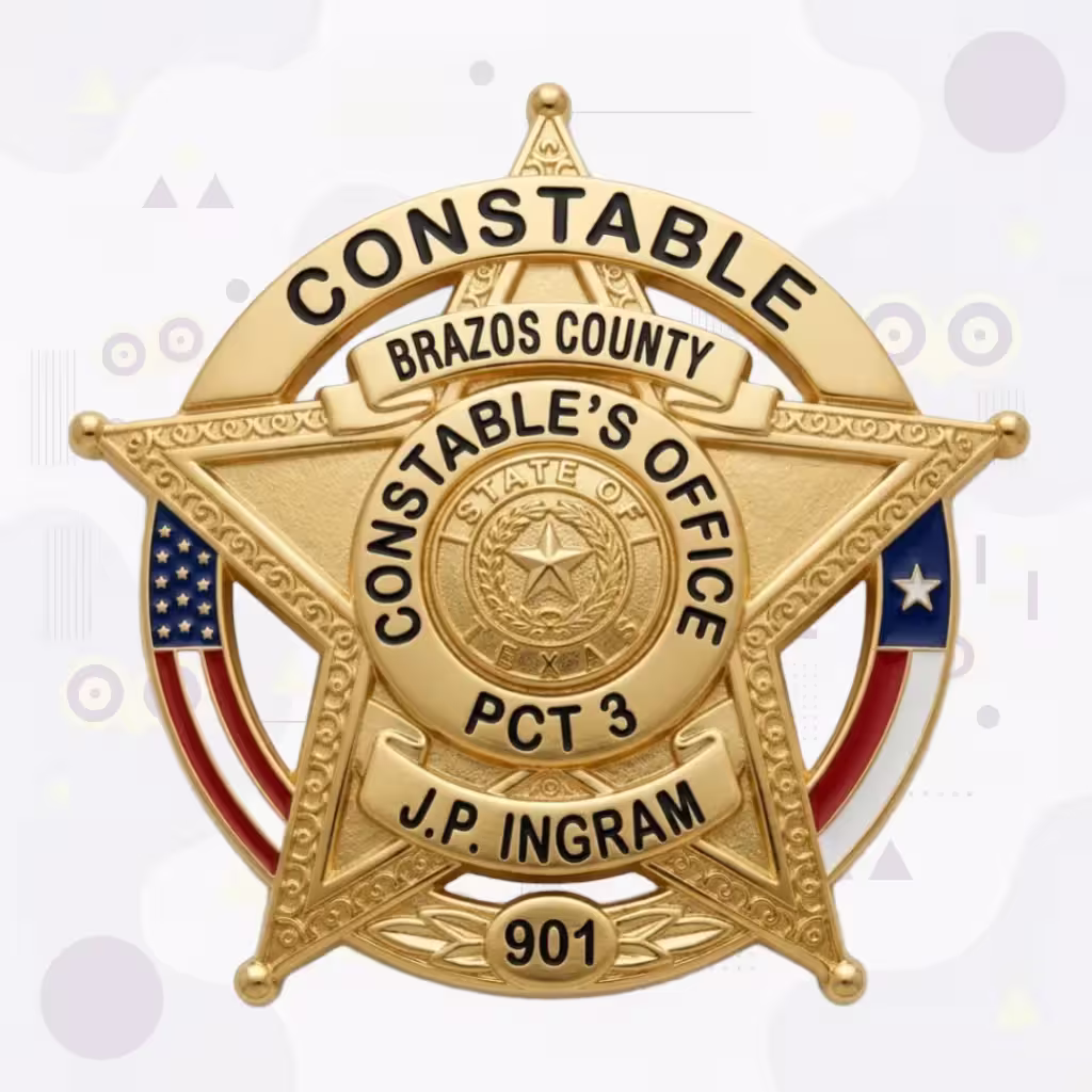 Brazos County Constable Pct 3 Gold Star with US and Texas Flags Metal Badge