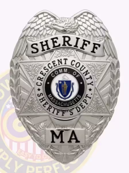 Silver eagle-top Crescent County Sheriff badge with county seal