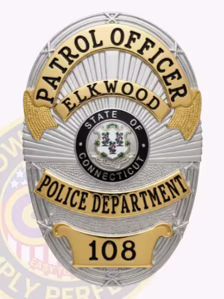 Dual tone silver and gold oval Elkwood Police Department badge for patrol officer with State of Connecticut seal