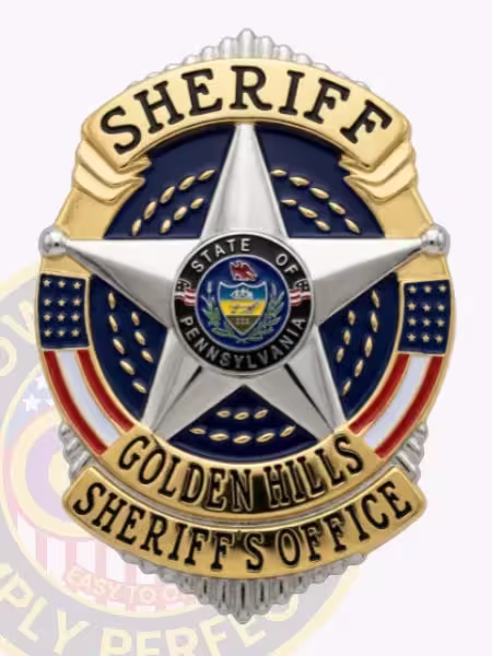 Gold five-point star Golden Hills County Sheriff badge with US flags and county seal