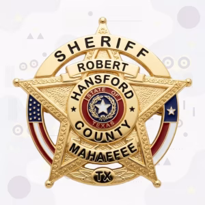 Hansford County Sheriff Gold Star with US and Texas Flags Metal Badge